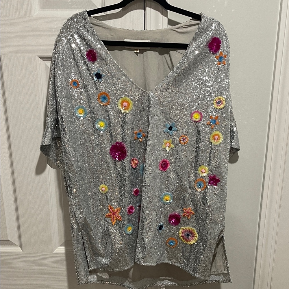 Elegant Silver Sequin Floral Blouse